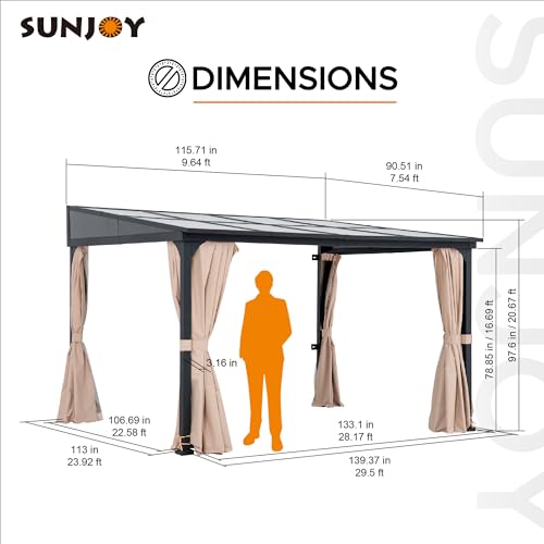 Sunjoy 10 x 12 ft Wall Mounted Gazebo with Polycarbonate Roof, Black Aluminum & Metal Frame Lean to Gazebo with Curtains and Netting… Sunjoy