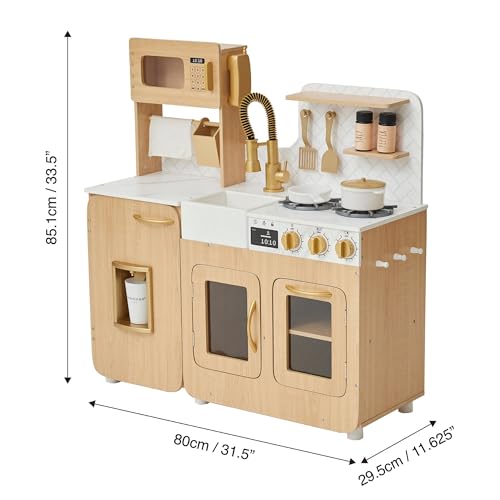 Teamson Kids Little Chef Cyprus Medium Wooden Play Kitchen with Interactive, Realistic Features, and 14 Kitchen Accessories for 3yrs and up, Light Oak/Faux White Marble/Gold Teamson Kids