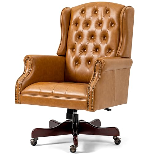 ECOTOUGE Tufted Office Chair, Faux Leather Executive Desk Chair w/High Back & Nail Head Trim, Ergonomic Wingback PC Chair for Home, Office and Living Room, Brown ECOTOUGE