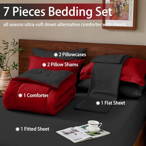 FUANNA King Size Comforter Set 7 Pieces, Reversible Bedding Sets with All Season Premium Comforter, Bed in a Bag King Includes Comforter, Flat Sheet, Fitted Sheet, Pillowcases & Shams, Red & Black