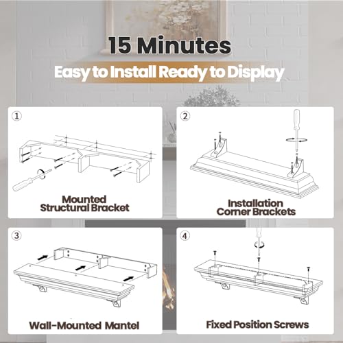 Fireplace Mantel with Invisible Heavy Duty Wood Bracket, Wall Mount Handcrafted Hollow Floating Mantel Shelf for Electric or Traditional Fireplace, Rustic Farmhouse Modern Style (60 Inch, White) ZELAZA