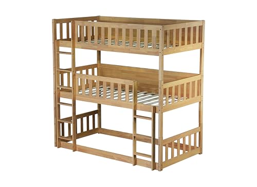 PVWIIK Twin Over Twin Over Twin Wood Bunkbeds for Dorm, Bedroom,Guest Room,Triple Bunk Bed w/Ladder & Guardrails,Detachable Bunk Bed & No Box Spring Needed,Easy Assembly, Oak PVWIIK
