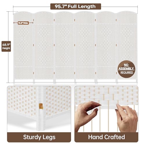 DURASPACE 6 Panel Room Divider, 6ft Tall Folding Privacy Screen, 360°Rotation, Hand-Woven Freestanding Wood Partition for Room Separation DURASPACE