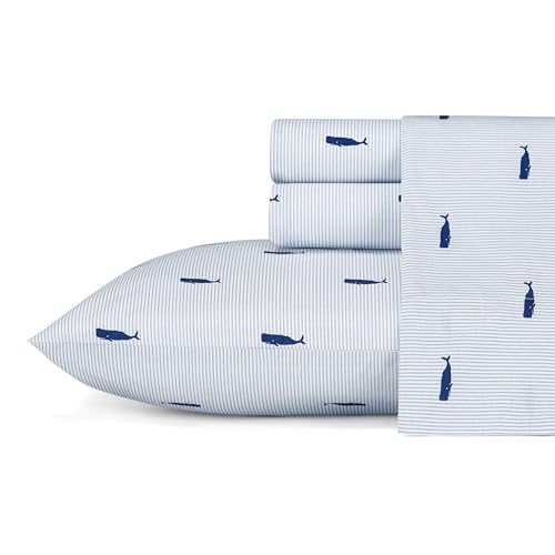 Nautica - Twin Size Sheet Set, Crisp & Tailored Cooling Sheets with a Smooth Cotton Percale Lightweight Feel - Bed Sheets with Matching Pillowcase & Fitted Sheet (Whale Stripe Blue) Nautica