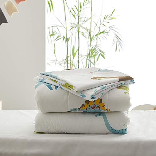4 Pieces Toddler Bedding Set Dinosaur with Colorful Dinos and Monsters Toddler Comforter Sheet Set for Autumu and Winter Includes Comforter, Flat Sheet, Fitted Sheet and Pillowcase White UOZZI BEDDING