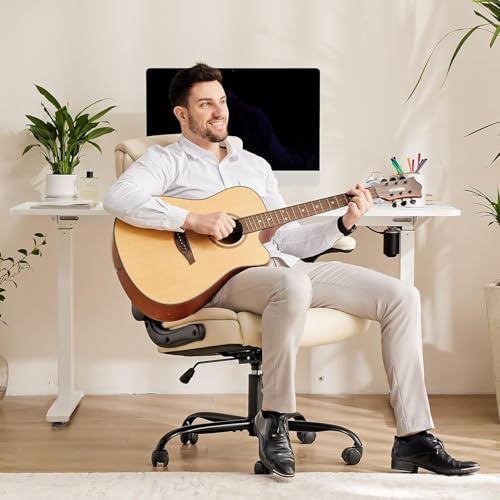 Sweetcrispy Ergonomic Office Chair Heavy Duty Task Desk Chair with Flip-up Arms, PU Leather, Adjustable Swivel Rolling Chair with Wheels, Beige Sweetcrispy