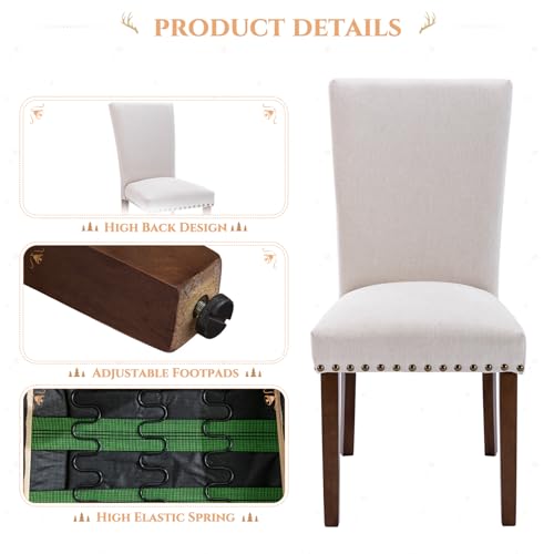 Set of 6 Beige Upholstered Dining Chairs, Farmhouse Kitchen Chairs with High Back, Solid Rubberwood Legs, Comfortable Padded Foam Seat, Bronze Nailhead Trim, Dining Room Chairs for Large Families COLAMY