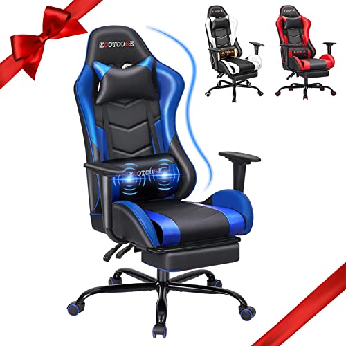 ECOTOUGE PC Massage Gaming Chair with Footrest Ergonomic Office Desk Chair Racing PU Leather Recliner Swivel Rocker with Headrest and Lumbar Pillow, Blue ECOTOUGE