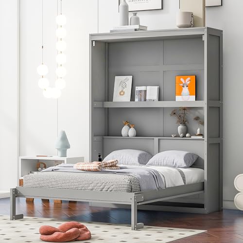 Ball & Cast Full Size Murphy Bed Wall Bed with Shelves and Mattress Holder,Wood Hideaway Cabinet Chest w/Slat Support,can be Folded,for Small Room,Dorms,Gray Ball & Cast