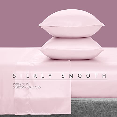 Cobedzy 4 Pcs Blush Pink Satin Sheets Full Size Silky Satin Bedding Sheets Set with 1 Deep Pocket Fitted Sheet, 1 Flat Sheet, 2 Pillowcase Cobedzy