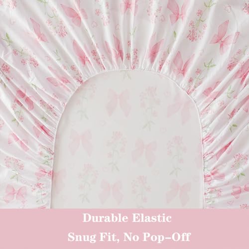 Jolusere Bow Sheet Set Full for Girls Kids Pink Floral Fitted Sheet Set Soft Microfiber Fitted Flat Sheets & Pillowcases - Princess Style Bowknot Bedding Sets Toddlers 4 Pieces Cute Sweet Bed Set Jolusere