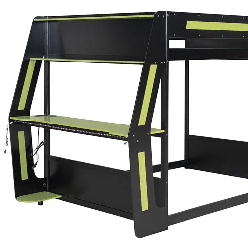 Full Size Bunk Bed with Desk & Charging Station & RGB Light Strip,Wooden Gaming Bunk Bed Frame with Storage Shelves,Safety Guardrails & Ladder for Bedroom,Under-Bed Space,No Box Spring Needed,Green FUvellamo
