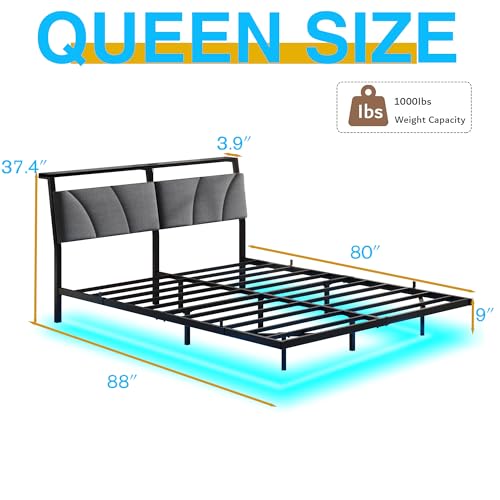 Floating Queen Bed Frame with Storage Headboard Charging Station and Led Lights,Platform Bed Frame Queen Size with Upholstered Headboard,No Box Spring Needed,Heavy Duty Meal Slats Support,No Noise SOLACECASA