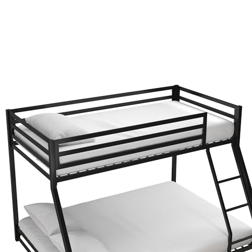 DHP Miles Low Metal Bunk Bed Frame for Kids, With Built-in Ladder, High Guardrail and Metal Slats, Floor Bed Bottom Bunk, No Boxspring Required, For Small Spaces, Twin-Over-Full, Black DHP