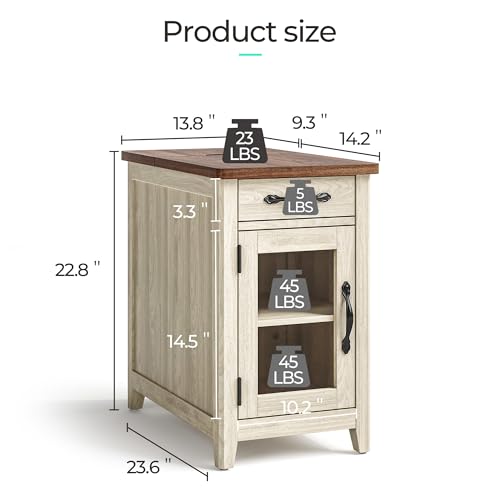 LINSY HOME Farmhouse End Table with Charging Station, Narrow Side Table for Living Room, Sofa Side Table with Drawer and Storage Cabinet, Small Nightstand for Bedroom LINSY HOME