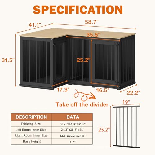 Lovinouse Corner Dog Crate Furniture for 2 Dogs, Indoor Wooden Furniture Style Heavy Duty Large Dog Kennel House with Double Rooms & Divider for Large & Medium Dogs, Black Lovinouse