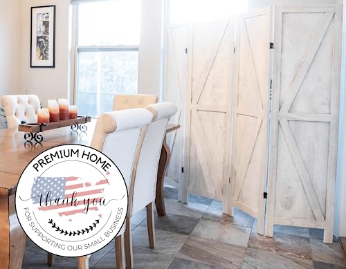 Premium Home 4-Panel Room Divider – Rustic White Barn Door, K Pattern Folding Privacy Screen, Partition Wall Premium Home Decor