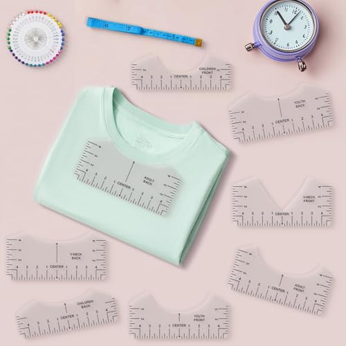 Jiehstu Tshirt Ruler Guide Vinyl Alignment, Transparent V-Neck/Round PVC Ruler for Alignment, Designs Pocket Logo, Fit for Heat Press, Alignment, Children Youth Adult, Front and Back Measurement Jiehstu