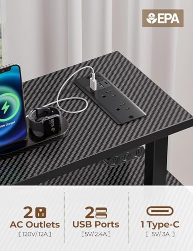 Rolanstar Computer Desk with Power Outlets & LED Light, 39 inch Home Office Desk with 3 Drawers and Storage Shelves, Writing Desk with Monitor Stand, Modern Work Desk for Home Office, Carbon Black Rolanstar