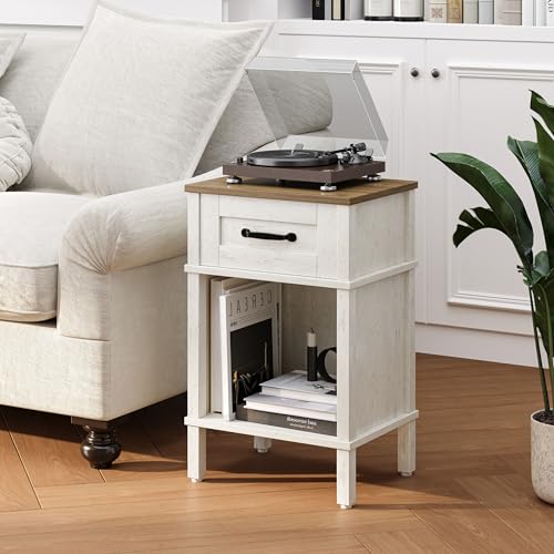 YAUKTAK White Farmhouse Nightstand with Drawer, Small Wooden Bedside Table, White End Table, Bedroom Side Table with Storage, Rustic Wood Night Stand LET512WR YAUKTAK