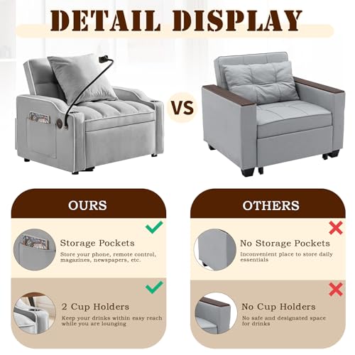 KINFFICT Sleeper Sofa Chair Bed, Convertible 3-in-1 Armchair, Adjustable Sleeper Chair with Pullout Bed, Single Lounger Futon with Side Pockets for Living Room (Grey) KINFFICT