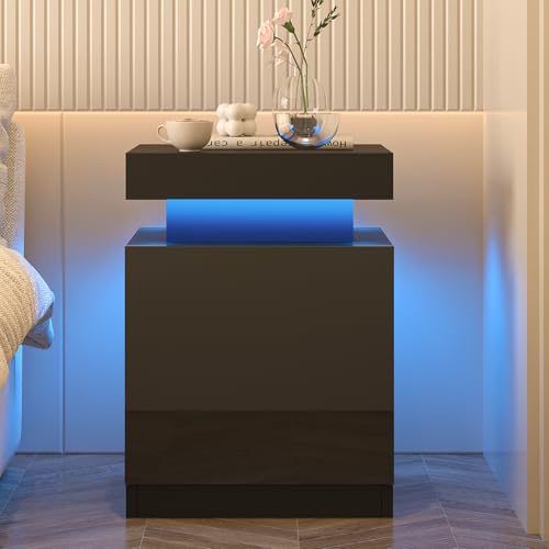 OneBlis LED Nightstands Set of 2, 17 Inches Night Stand Set 2, Modern Bedside Table with LED Lights, High Gloss Surface, End Table with Storage for Bedroom, Black OneBlis