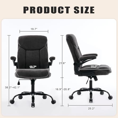 Executive Office Chair, Comfy Fabric Cloth Computer Chair Ergonomic Desk Chairs with Flip-up Armrests, Lumbar Support, 360° Swivel and Rocking Function for Home Office Chairs, Grey JOYNET