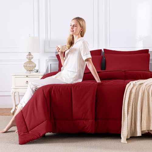 CozyLux Queen Comforter Set Dark Red, 7 Pieces Bed in a Bag, Red Comforters Queen Size, All Season Bedding Sets with Stitch Quilted Comforter, Flat Sheet, Fitted Sheet, Pillowcases CozyLux