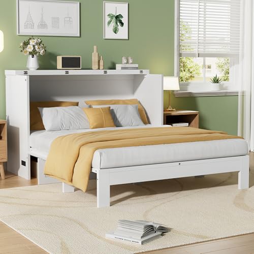 PVWIIK Full Murphy Bed with Storage Drawer & Charging Station for Home Office, Studio or Guest Room,Full Size Bed Frame Murphy Bed with USB Port,Space Saving Design, White PVWIIK