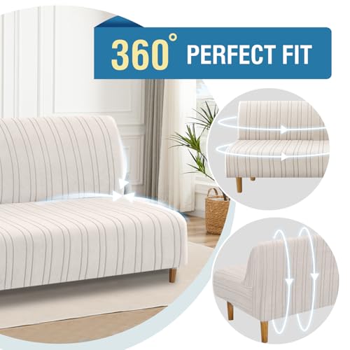 H.VERSAILTEX Stretch Futon Slipcover Armless Sofa Cover Furniture Protector Without Armrests Slipcover Soft with Elastic Bottom for Kids, Spandex Jacquard Modern Stripe Design, Ivory H.VERSAILTEX