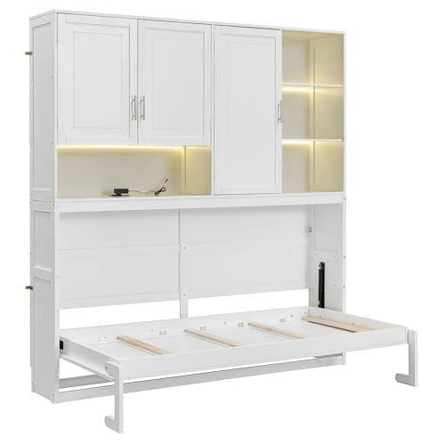 SOFTSEA Twin Murphy Bed with Storage Bookcase and Shelves, Space-Saving Horizontal Wall Bed with LED Light & Charging Stations for Small Spaces, Living Room, Guest Room, Bedroom, Office, White SOFTSEA