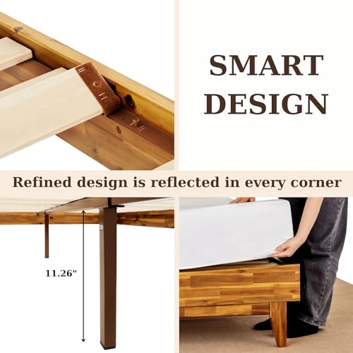 Bme Caden 15 Inch Deluxe Bed Frame with Adjustable Headboard - Mid Century, Retro Style with Acacia Wood - No Box Spring Needed - 12 Strong Wood Slat Support - Easy Assembly - Caramel, King Bme