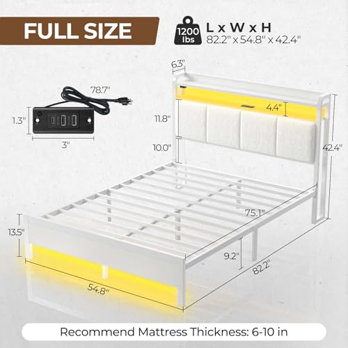 Rolanstar Bed Frame Full Size with Charging Station and LED Lights, Upholstered Headboard with Storage Shelves, Heavy Duty Metal Slats, No Box Spring Need, Noise Free, Easy Assembly, White Rolanstar