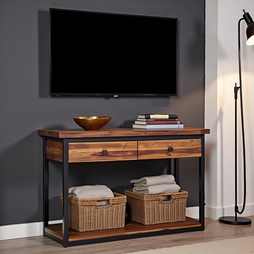 Claremont 43-Inch Solid Wood Console Table with Drawers and Lower Shelf – Rustic Industrial Entryway, Sofa, or TV Table with Acacia Wood Top and Black Metal Frame by Alaterre Furniture (Dark Brown) Alaterre Furniture