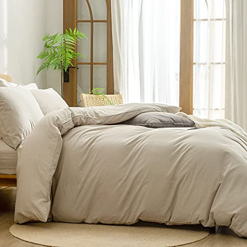 BESTOUCH Duvet Cover Set 100% Washed Cotton Linen Feel Super Soft Comfortable Chic Lightweight 2 PCs Home Bedding Set Solid Almond Milk Grey Twin/Twin XL BESTOUCH