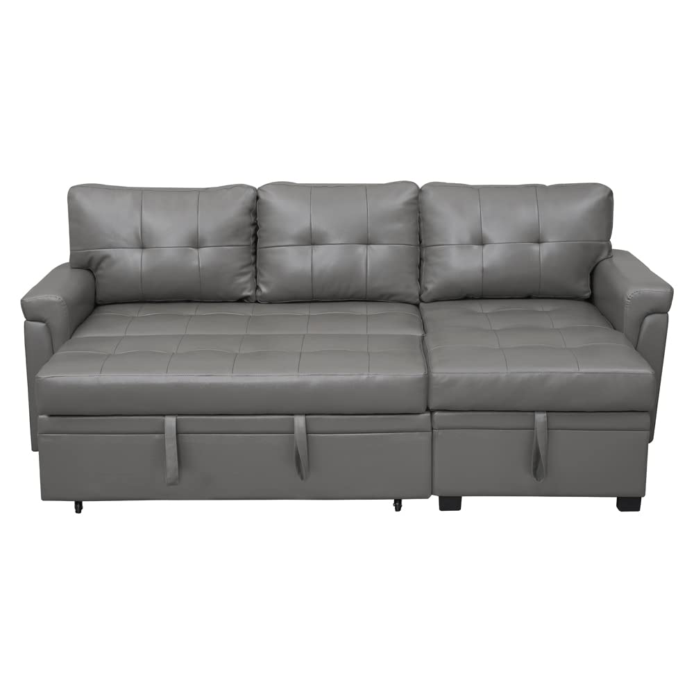 Naomi Home Jenny Sectional Sofa Sleeper with Storage Chaise, Tufted Pull Out Couch with Storage, Sectional Bed, L-Shaped Reversible Sleeper Sofa, Gray,Air Leather Naomi Home