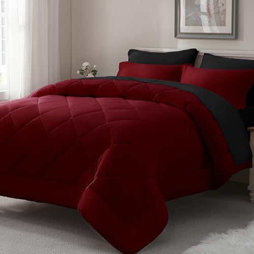ELNIDO QUEEN® Queen Comforter Set 7 Pieces, Red and Black Bed in a Bag Queen Size, Bed Set All Seasons Bedding Sets with Reversible Comforter, Flat Sheet, Fitted Sheet, Pillowcases and Pillow Shams ELNIDO QUEEN