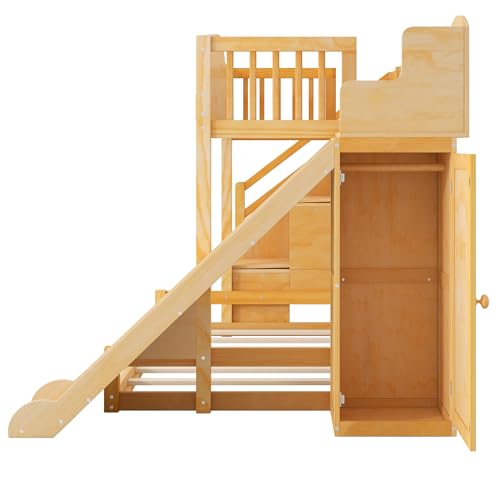 Merax Twin Over Full Bunk Bed with Slide and Staircase, Storage Shelf and Wardrobe, Kids Wood Loft Bunk Bed with House Design Safety Guardrail, Space Saving Kid Bunkbeds, Natural Merax