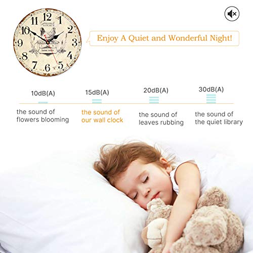Toudorp Rustic Wall Clock French Country Vintage 14 Inch Wall Clock Battery Operated Silent Non-Ticking Wooden Wall Clock Retro Arabic Numerals Animal Style Wall Clock (Gourmet Kitchen) Toudorp