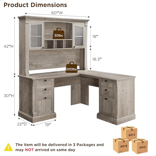 OKD 60" L Shaped Executive Desk with Hutch and Drawers, Farmhouse Home Office Desk with Charging Station, File Cabinet Storage, Wood Corner Computer Desk for Work and Study, Light Rustic Oak OKD