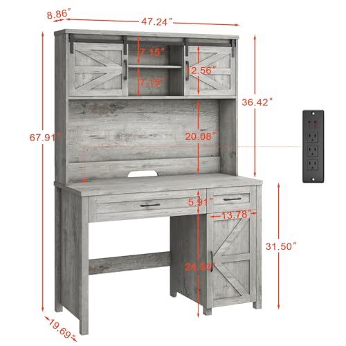 Vabches Farmhouse 47" Executive Desk, Computer Desk with 2 Drawers, LED Light and Storage Cabinet, Home Office Desk with Hutch, Charging Hub, Workstation for Home Office and Study(Grey Vabches