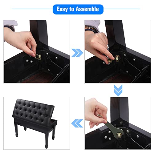 ALAPUR Adjustable Duet Piano Bench with Storage,Heavy Duty Wooden Double Keyboard Piano Bench Seat with PU Leather Cushion,Black ALAPUR