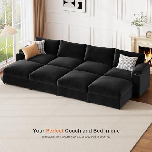 HOMYHOMEY Modular Sectional Sofa Couch for Living Room Velvet Couches Oversized U Shaped Convertible Sleeper Sofa Chaise Detachable Armrest Cushion Washable Cover Cup Holder (Black, 8 Seats) HOMYHOMEY