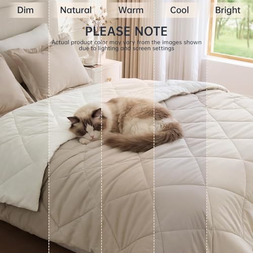 JOLLYVOGUE King Size Comforter Set, Soft Reversible Bedding for All Seasons, 3 Pieces Down Alternative Bed Set Includes 1 Lightweight Comforter (104"x90") and 2 Pillow Shams (20"x36"), Beige & Ivory JOLLYVOGUE