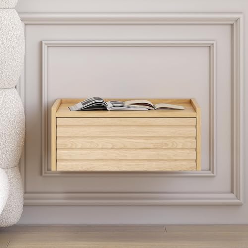 homary Floating Wooden Nightstand with Light & Charging Station, Wall Mounted Nightstand with Drawer, Wireless Charging, USB Ports, Modern Natural Floating Bedside Table for Bedroom homary