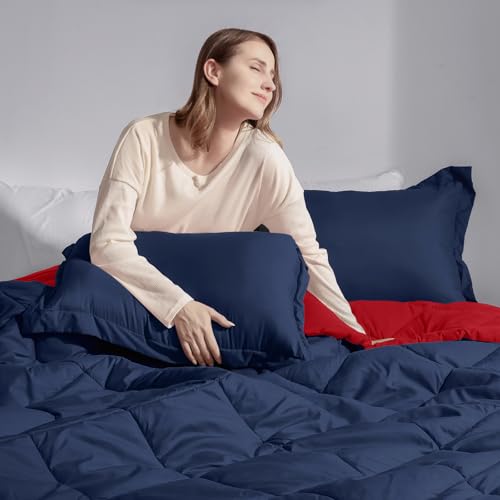 Beyond Twin Comforter Set - Navy/Red Reversible Comforter Set for All Seasons, 1 Comforter (66"x92") and 1 Pillow Sham (20"x26"+2") Basic Beyond