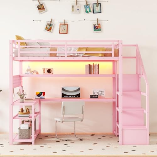 OYUMOENTS Full Size Loft Bed with Desk and Stairs, Metal Loft Bed with LED Light & Charge Station, Heavy-Duty Beds with Wardrobe & Storage Shelves, No Spring Box Required, No squeaks, Pink OYUMOENTS