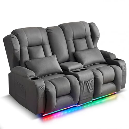 Loveseat Recliner Sofa with DIY LED Lights,RV Wall Hugger Recliners for Small Spaces,Fabric Reclining Loveseat Sofa Recliner with Smart LED Lights/Cup Holders/Lumbar Pillows,RV Furniture,Dark Gray