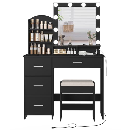 Quimoo Vanity Desk with Mirror and 10 LED Lights, Makeup Vanity with Charging Station and 4 Drawers Chest & Shelves, Vanity Set, Vanity Table with Cushioned Stool, for Bedroom, Black Quimoo