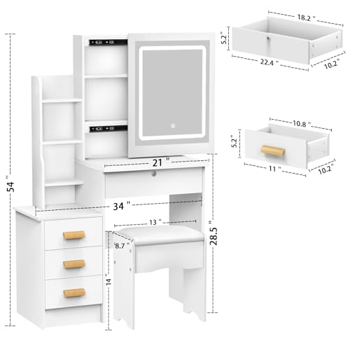 Vanity Desk with Mirror and Lights,Makeup Vanity Desk with Lights 3 Colors,Vanity with 4 Drawers,6 Shelves,Vanity Table Set with Bench for Bedroom,Dressing Table and Chair Set for Girls Women (White) leasote